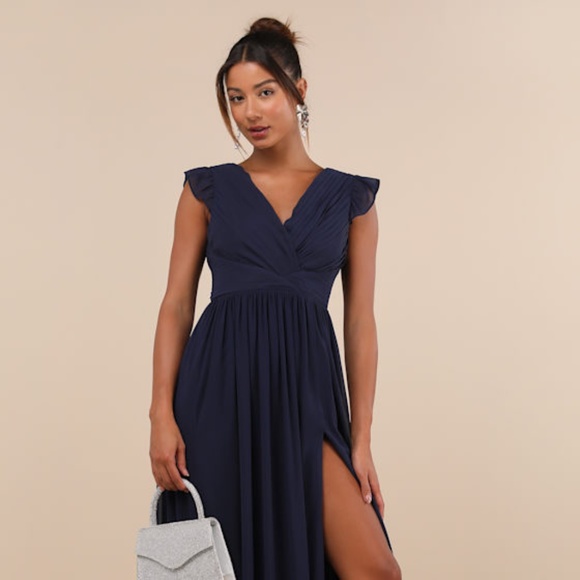 Lulus Gorgeous Goal Navy Pleated Backless Surplice Maxi Dress Blue - Size XS - Picture 1 of 1